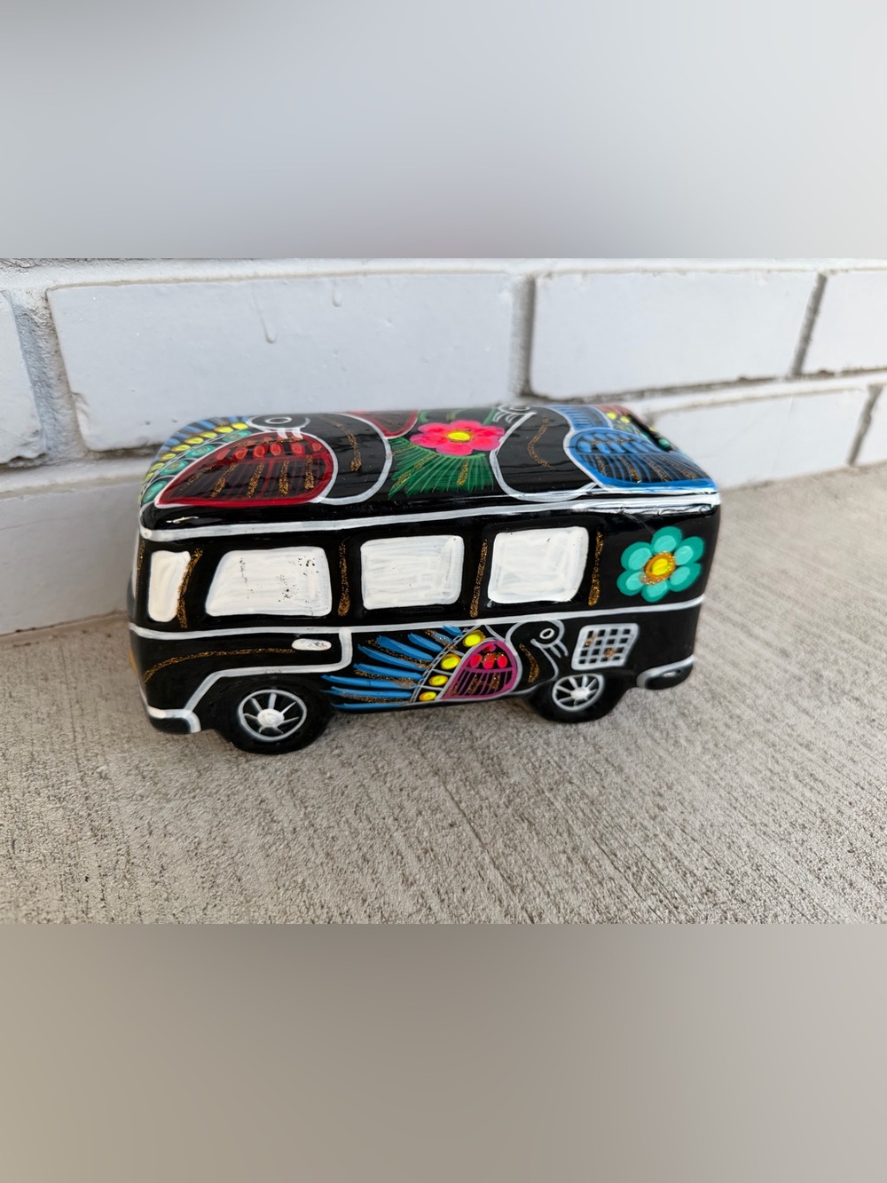 Vintage Hand Painted Mexican Folk Art Ceramic VW Bus Savings Bank Black Colorful